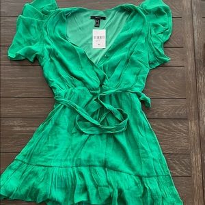 Green Tie-Waist Wrap Mini-Dress